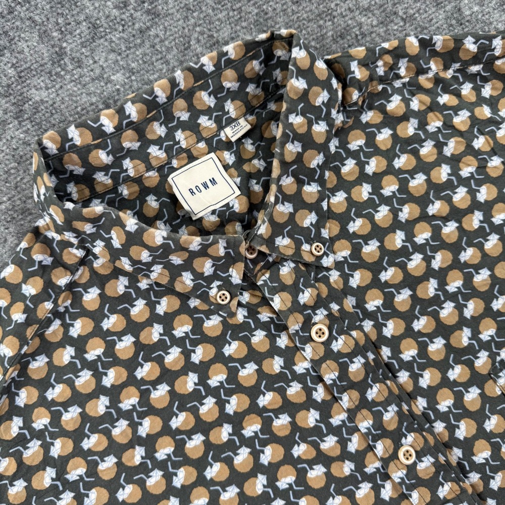 ROWM Button Down Shirt Size 3XB Brown Coconut Print Short Sleeve Men's